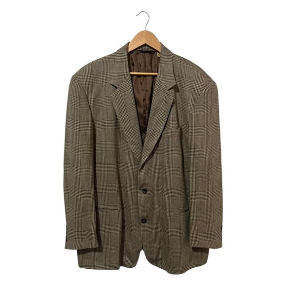 Luciano Barbera 46R Linen Blend Sports Jacket Blazer  Brown Herringbone Plaid - Picture 1 of 7